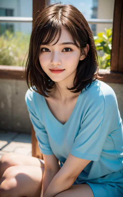 (Masterpiece:1.3), (8k, Photorealistic, RAW Photography, Best Quality: 1.4), soft light, professional lighting, 1girl,  16 years old, cute, neat and clean beauty, closed mouth, smile, Brown short hair, bangs,