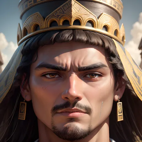 A close-up shot captures the intricate details of Pachacamacs expression, conveying both power and benevolence in his gaze.