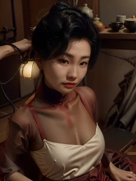 1girll, zen buddhism, solo, asian, face focus, beautiful lighting, lighting scene, red lips