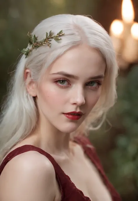 (((a deep reddish wound crosses her left cheek))) fair complexion, woman around 19 years old, natural white hair, distinctive green eyes, wearing kohl, slender and graceful, beautiful, candlelight in a medieval setting, ultra sharp focus, realistic shot, m...