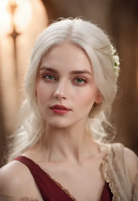 (((a deep reddish wound crosses her left cheek))) fair complexion, woman around 19 years old, natural white hair, distinctive green eyes, wearing kohl, slender and graceful, beautiful, candlelight in a medieval setting, ultra sharp focus, realistic shot, m...