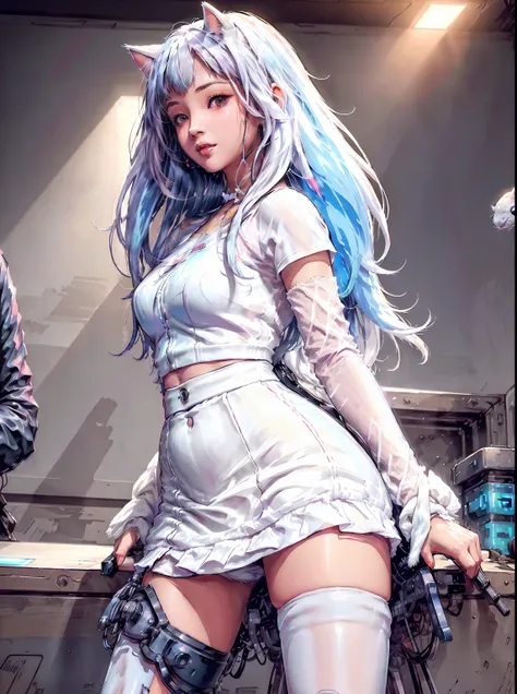 there is a woman in a short skirt posing in a room, seductive anime girl, white cat girl, advanced digital art, cyberpunk anime girl, barbie in white stockings, cute cyborg girl, digital cyberpunk art, realistic cyberpunk art, digital cyberpunk - realistic...