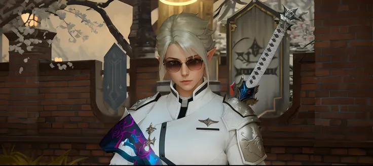 there is a woman in a white suit holding a sword, matt white ice color armor, eldritchpunk, matt white color armor, attractive androgynous humanoid, v from devil may cry as an elf, thancred waters in style of wlop, glossy white armor, as a character in tek...