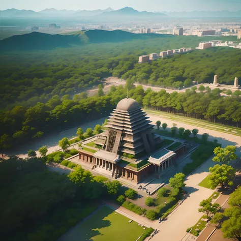 The camera pans to reveal the unity of nature and civilization, as the landscape seamlessly blends with the bustling city that surrounds the ancient temple.