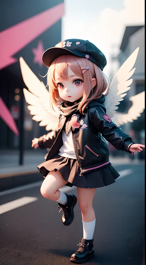 1 very cute girl，There are wings on the back，With a hat on，fly，chibi girl，3d anime girl，3d effect，（Full body like），super detailing