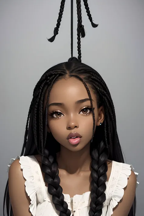 (masterpiece, best quality), deep ebony 1girl, beautiful face, freely hanging braids, mouth kissing