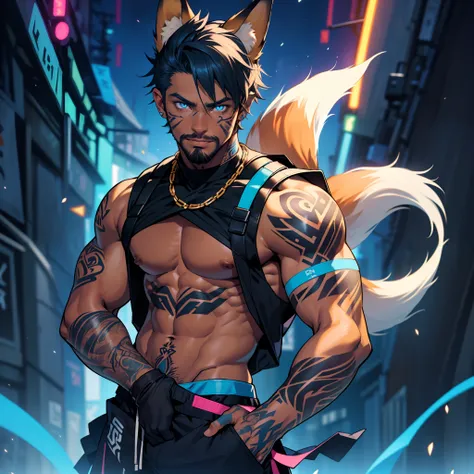 masculine young guy, short beard and ((dark tanned skin)), night rave scene, short cropped hair, ((has fox ears)), ((has fox tail)), wearing a streetwear outfit, ((he is solo)), ((he is alone)), has detailed glowing blue eyes, covered in ((tattoos)), muscu...