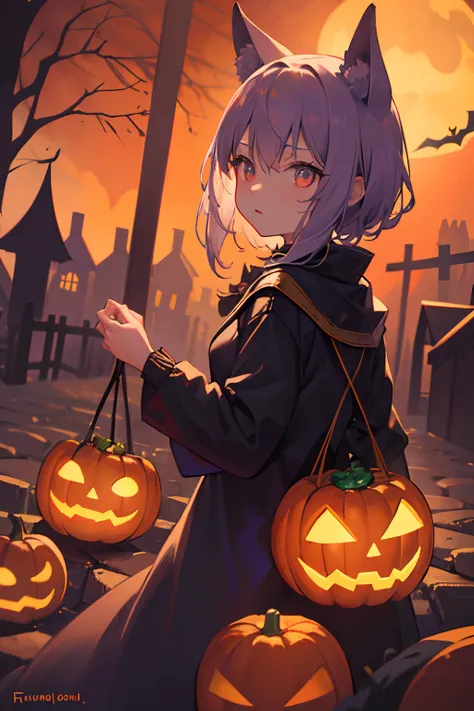 Create a fantastical Halloween illustration where the village, cloaked in the spirit of Halloween, exudes an eerie yet enchanting atmosphere. Imagine a moonlit night where the houses are adorned with glowing jack-o-lanterns, casting haunting shadows on the...