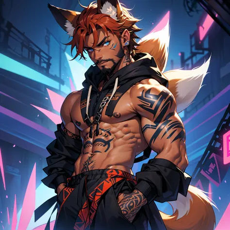 masculine young guy, short beard and ((dark tanned skin)), night rave scene, short cropped hair, ((has fox ears)), ((has fox tail)), wearing a streetwear outfit, ((he is solo)), ((he is alone)), has detailed glowing blue eyes, covered in ((tattoos)), muscu...