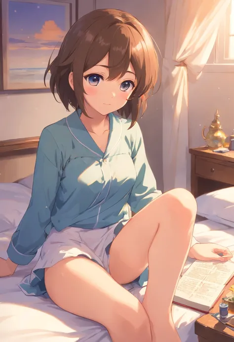 a cute loli，Barefoot，Tummy down，Look up at your head，raise her legs，shift dresses，white  panties，largeeyes，Cute faces in anime，looking at book，Wet、Breasts are big、a bed、Spread your crotch、Did you glare　Naked and