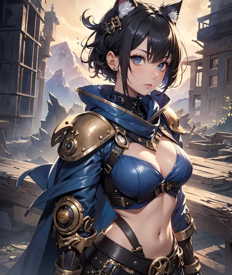 Beautiful detailed girl, Clear and beautiful, Character as the main point of view, radiant skin, girls, femele, young, 20yo, bobbed hair, Short Cut, short-hair, Beautiful detail glass hair, ((Wielding a big sword, Combat Posture)) ((Steampunk Iron Armor Co...