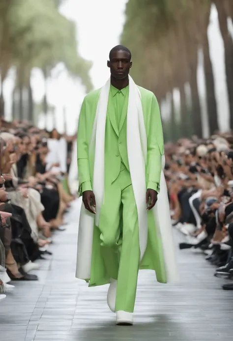 Design inspired by artificial intelligence, Un hombre con bata blanca, combinando el verde y pantalones blancos caminando por una pasarela, Nuevo, atractivo masculino alta costura, estilo urbano, Rick Owens, con traje blanco futurista, Capas postmodernista...