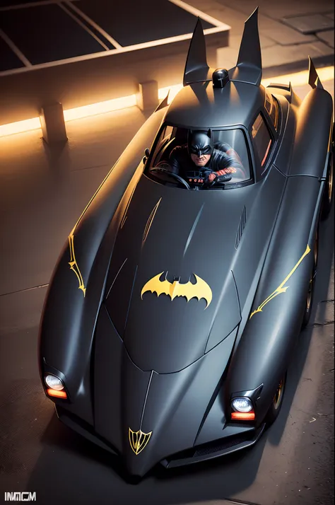 carros do batman preto com a logo do batman, a noite, com iluminacao dos predios em gotham city