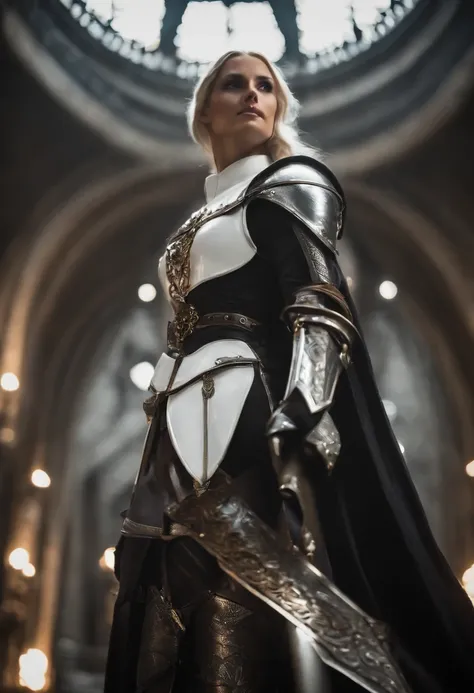 best quality, masterpiece, dynamic angle, elf, nun, {white armor}, black clothes, breastplate, gauntlets,