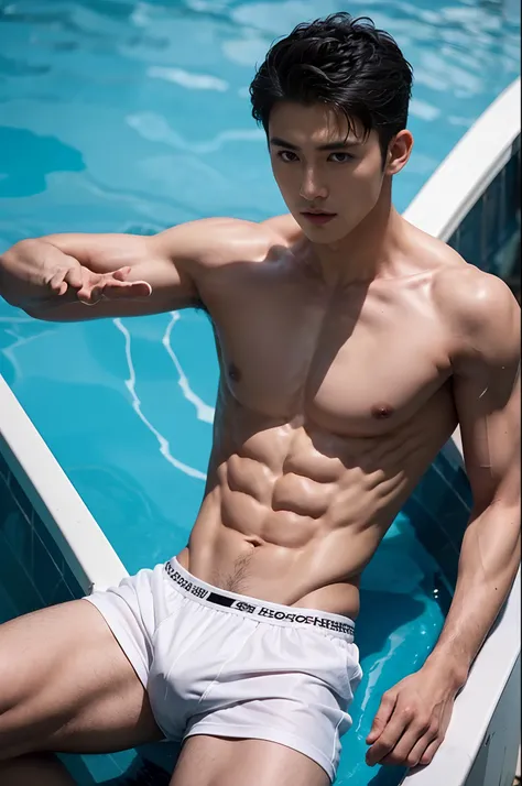 arafed boy in a hip white boxer brief, Full Body Shoot, Quiff haircut, look at camera, detailed facial parts, Barbarousness,Manly, Bad Boy, Pool background, Sexy Pose, Sex Manaice, perfect anatomy, symmetric body, asian boy 19 years old, shirtless :: high ...