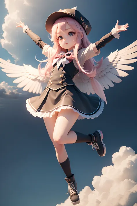 1 very cute girl，There are wings on the back，With a hat on，The sky flies，chibi girl，3d anime girl，3d effect，（Full body like），super detailing