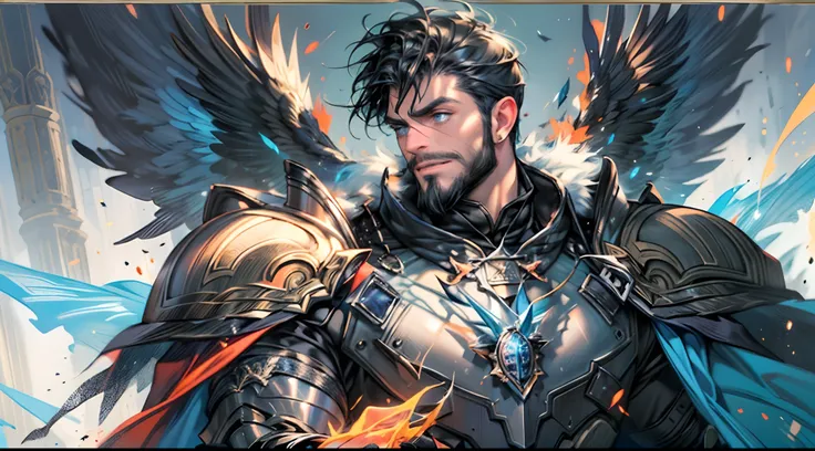 Highest quality, masterpiece, male, black super short hair, blue eyes, armor, cape, brightly colored, bright picture, paladin, muscular, short beard, mature, glowing particle special effects, church, national character face, tall, strong, rough face, falli...