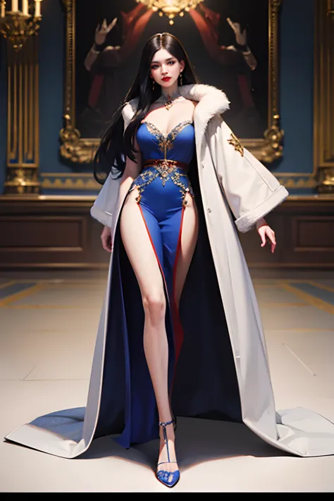 stunning Western noblewoman, black hair, long hair, red lips, royal blue dress, white fur coat, jewelries, digital art, realism, full body view, detailed background, cinematic lighting, cinema scope, Anamorphic lens, 35 mm film