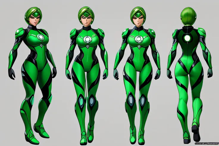 a rendering of a female green lantern in a green suit, Samus Aran bioorganic varia suit, full body concept, varia suit, full body detailed concept, full body detailed concept art, Different cybernetic suits, full body concept art, Chiho Aoshima color schem...