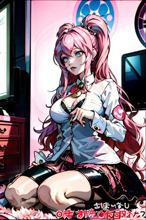 there is a woman with pink hair sitting on a rug, junko enoshima from danganronpa, anime girl cosplay, belle delphine, chiaki nanami from danganronpa, cosplay, portrait of kim petras, rena nounen style 3/4, anime cosplay, anime inspired, shikamimi, junko e...