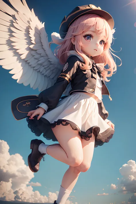 1 very cute girl，There are wings on the back，With a hat on，The sky flies，chibi girl，3d anime girl，3d effect，（Full body like），super detailing