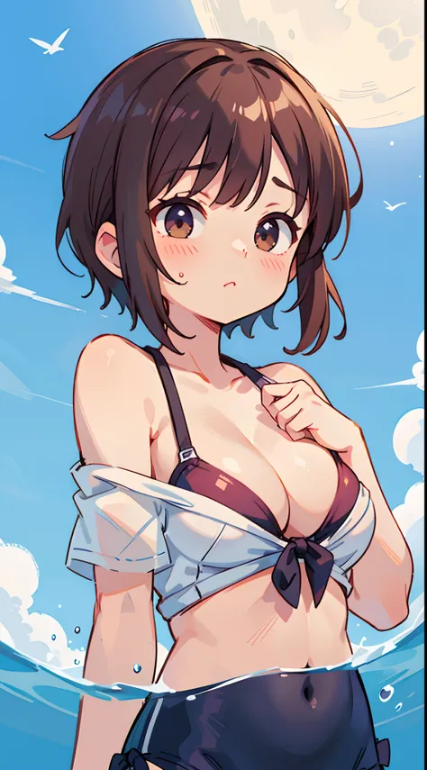 number art、比基尼，cleavage，Three-point bikini，swimming uniform，underwear, underwear，Tiny breasts，sportrait，upperbody closeup，，Yuruchara style、Off-the-shoulder attire，nabel，Big breasts Thin waist，Raised sexy，Be red in the face，Above the Moon，Close-up shot