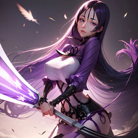 (Purple long hair), (purple clothing) , ( purple eyes), ( surrounded by flies), (holding a scythe), (purple aura)