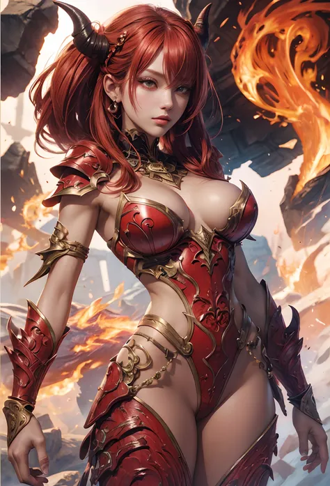 (Detailed illustrations,Very detailed and detailed drawing,Delicate lines with slow and rapid,Realistic texture expression),[Color tressed main line],[Lava cave background [Hot hell:0.4]],HENAI ANIME (Red-skinned DemonGirl 19 years old slender muscular) Fl...