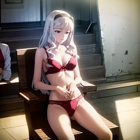 an lingerie、Red BRA、Red panties、Colossal tits、be shy、stage、white  hair、Katchasha、solo、lie on ones side