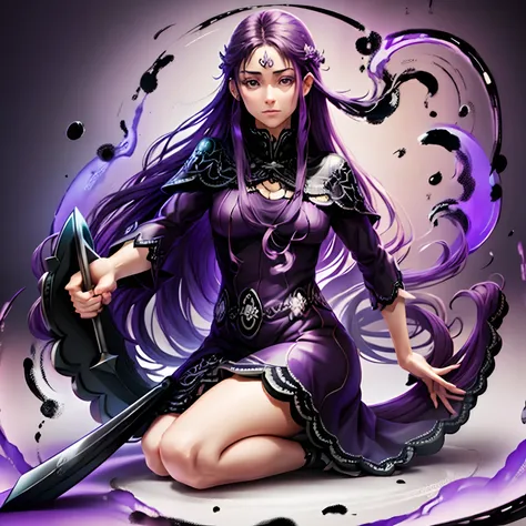 (Purple long hair), (purple clothing) , ( purple eyes), ( surrounded by flies), (holding a scythe), (purple aura)