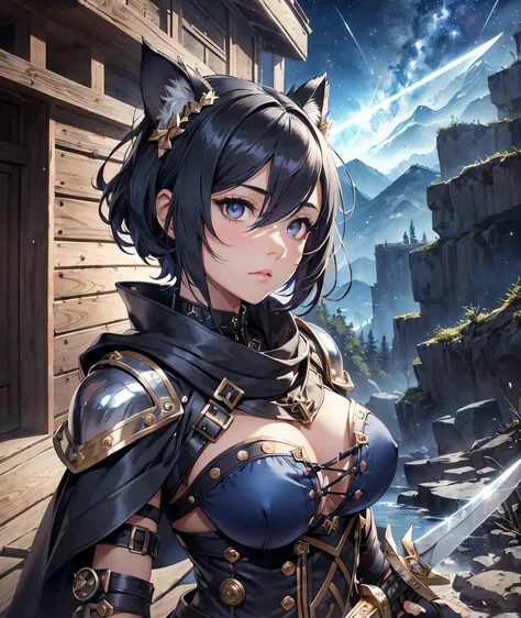 Beautiful detailed girl, Clear and beautiful, Character as the main point of view, radiant skin, girls, femele, young, 20yo, bobbed hair, Short Cut, short-hair, Beautiful detail glass hair, ((Wielding a big sword, Combat Posture)) ((Steampunk Iron Armor Co...