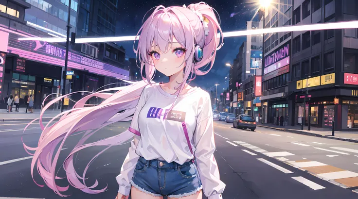 1girl, long lavender hair with ponytail, light pink eyes, short slanted fringe, wearing cute shirt, wearing headphone, denim shorts, city, absurdres, high res, ultrasharp, 8K, masterpiece, looking at viewer