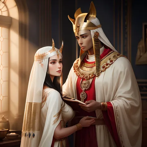 pharaoh, next to his wife, divine aura around him, servants around, soft lighting, 4k