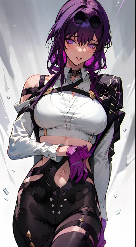 1girl, solo,black bodysuit,eyewear on head, navel, pants, purple eyes, rain, black pants, looking at viewer, bare shoulders, stomach, midriff, purple hair, parted lips, choker, off shoulder, black choker, tattoo, underwear, panties, sitting, black crop top...