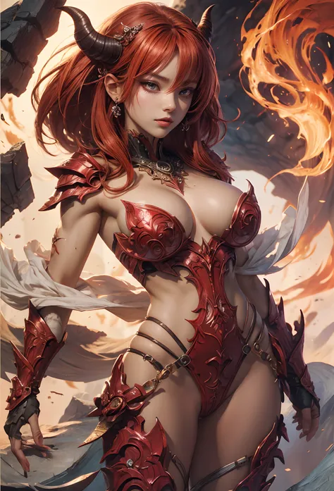 (Detailed illustrations,Very detailed and detailed drawing,Delicate lines with slow and rapid,Realistic texture expression),[Color tressed main line],[Lava cave background [Hot hell:0.4]],HENAI ANIME (Red-skinned DemonGirl 19 years old slender muscular) Fl...