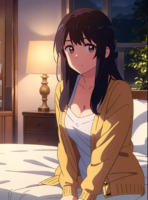 shinkai makoto, kimi no na wa., 1girl, bangs, black hair, brown eyes, waterfall braid, red ribbon, long hair, long sleeve light yellow cardigan, open shirt, yellow shirt, cleavage, breast, medium breast, solo, looking at the viewer, sexy pose, cute, bedroo...