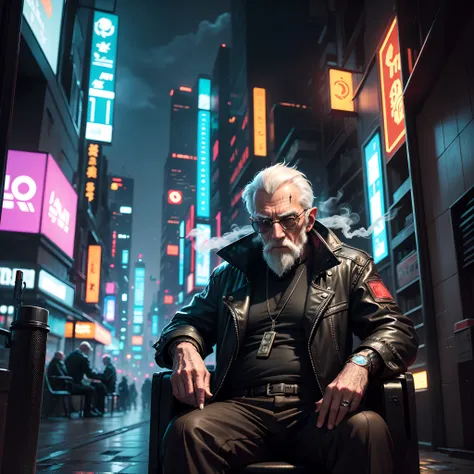 Old man with prostetic hand, smoking, cyberpunk themed, cyberpunk city, sitting down