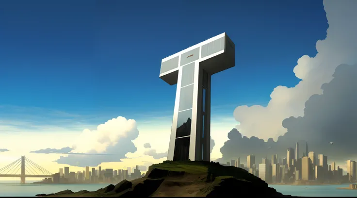 Teen Titans Tower, Metal and Glass Tower in the shape of a T. blue sky with detailed clouds. Ocean, there is a T shape Tower on a hill overlooking a city, cross, torri, towering over a city, inspired by Steve Dillon, cartoonish and simplistic, towering, ca...