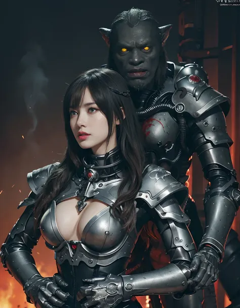 (1 Mechanical Girl)、top-quality、​masterpiece、超A high resolution、(Photorealsitic:1.4)、Raw photo、女の子1人、Fight mutants、glowy skin、(((1 Mechanical Girl)))、With a beautiful knife、（Black Metal Bodysuit）、(Kobold、ogre、Fierce battle with orcs),（Fight fiercely agains...