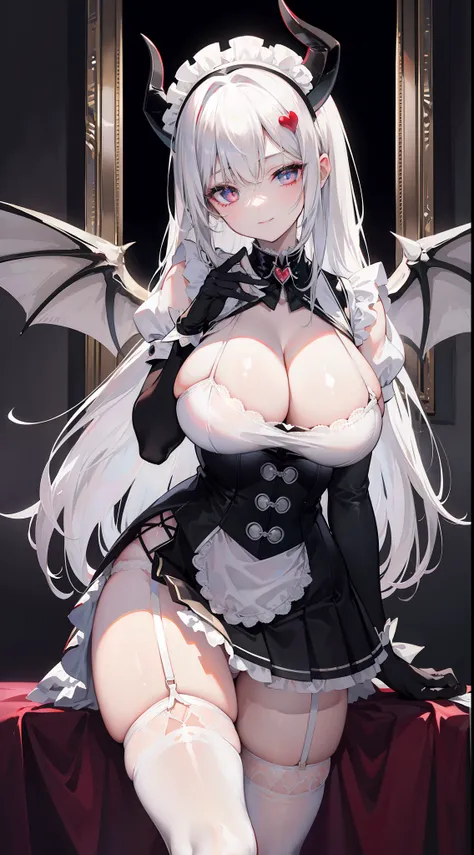 Striped hair，White color hair, mismatched pupils, Chiaroscuro, back lit lighting, Gothic art, 16k, Best quality, Anatomically correct, High details，maidennurse，(huge tit)，(white stockings)，red pupils，thongs，(ssmile)，strappy，srestrained，leg loops，Chains，((d...