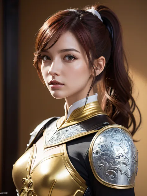 (8K, Raw photo, Best Quality, masutepiece:1.2), (Realistic, Photorealsitic:1.4), (Highly detailed CG Unity 8K wallpaper), full bodyesbian (lotr:1.1) Woman in Gold (leather armor:1.3), Worn armor, (Insanely detailed:1.5), Gold and (white:1.5), concept art p...