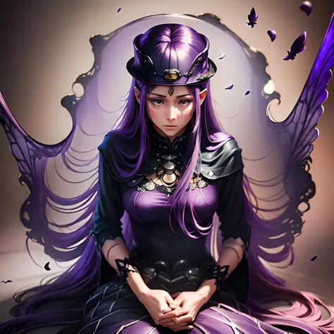 (purple long hair), (purple clothing) , ( purple eyes), ( surrounded by flies), (purple aura), (purple witch hat)