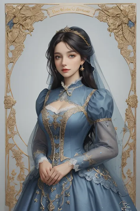 detailed character sheet, an image and concept art of an oldfashioned beauty in blue outfit, in the style of dark white and dark gold, romantic academia, intricately mapped worlds, charming sketches, dollcore, dark blue and light beige, colorful costumes, ...