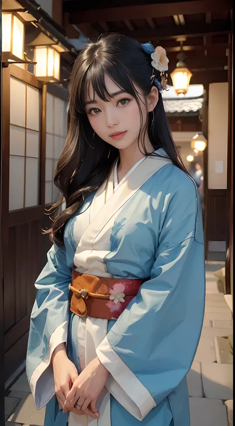 ((top-quality、8K、​masterpiece:1.3))、bowing、welcome、Seiza、japanes、small tits、Perfect Body Beauty:1.4、Kimono:1.5、((Delicate hair))、Japan at 28 years old、二重まぶた、baby-face、 A smile, Dark hair, bangss, Beautiful detailed eyes,The background is the ancient capita...