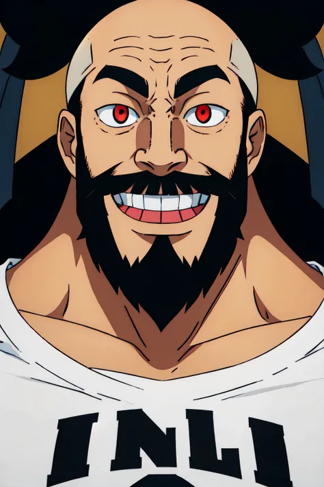 Weak man with a big smile, a black hair beard, red eyes and no shirt