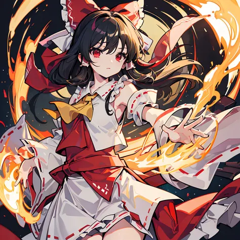 Masterpiece, fine detail, 4k, 8k, 12k, solo, one person, beautiful girl, white woman, social game style illustration, Reimu Hakurei from Touhou Project, black hair, red eyes, bill effect, green effect, wrapping effect, whole body