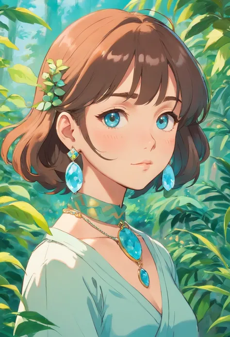 a girl wearing an anime collar, a long necklace and earrings, in the style of tranquil gardenscapes, colorful animation stills, masami teraoka, aquamarine, paul gauguin, Embry style, honest portrayal