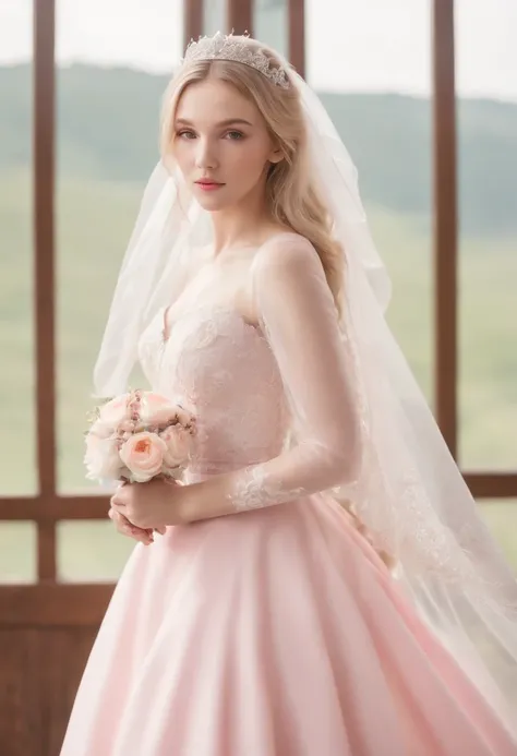 (Full body photo of one girl dressed as a bride in a pink dress with a large transparent veil + Soft and delicate + blonde  hair)+(long dresses in bright colors, brightened light, Anime style , Long straight blonde hair + Bright and welcoming eyes)+(Pink p...