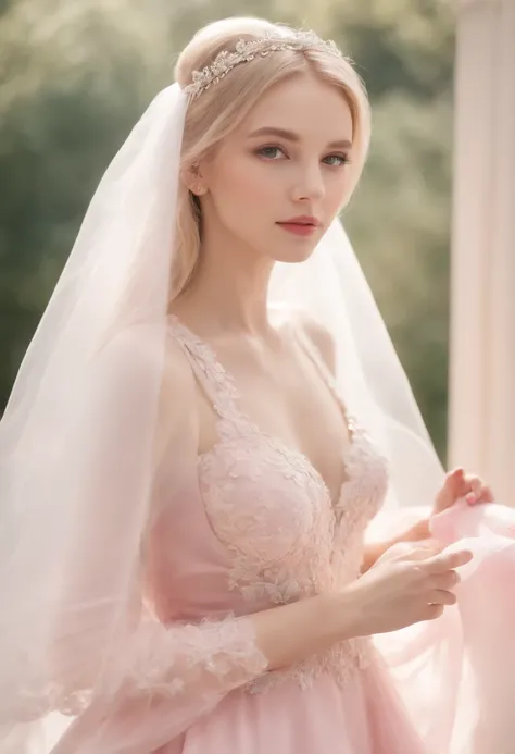 (Full body photo of one girl dressed as a bride in a pink dress with a large transparent veil + Soft and delicate + blonde  hair)+(long dresses in bright colors, brightened light, animesque , Long straight blonde hair + Bright and welcoming eyes)+(Pink pet...