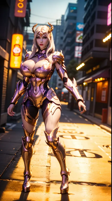 (dragon Queen Helm), (huge Fake Boobs:1.2), (street neon city), Rainbow Color Futuristic Phoenix Mecha Bodysuit, (cleavage), (skintight Yoga Pants), (high Heels), (perfect Body:1.2), (full Body View), (looking At Viewer), (walking Down:1.2), Sexy Muscular ...